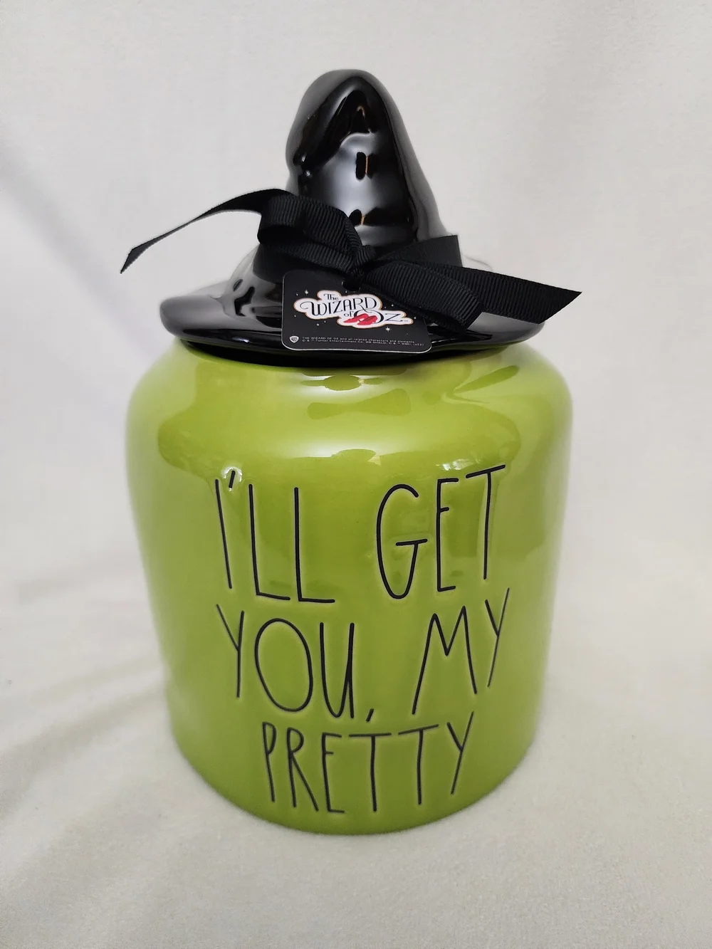 Halloween Green Ceramic Treat Jar with Black Witch Hat Lid Wizard Of Oz